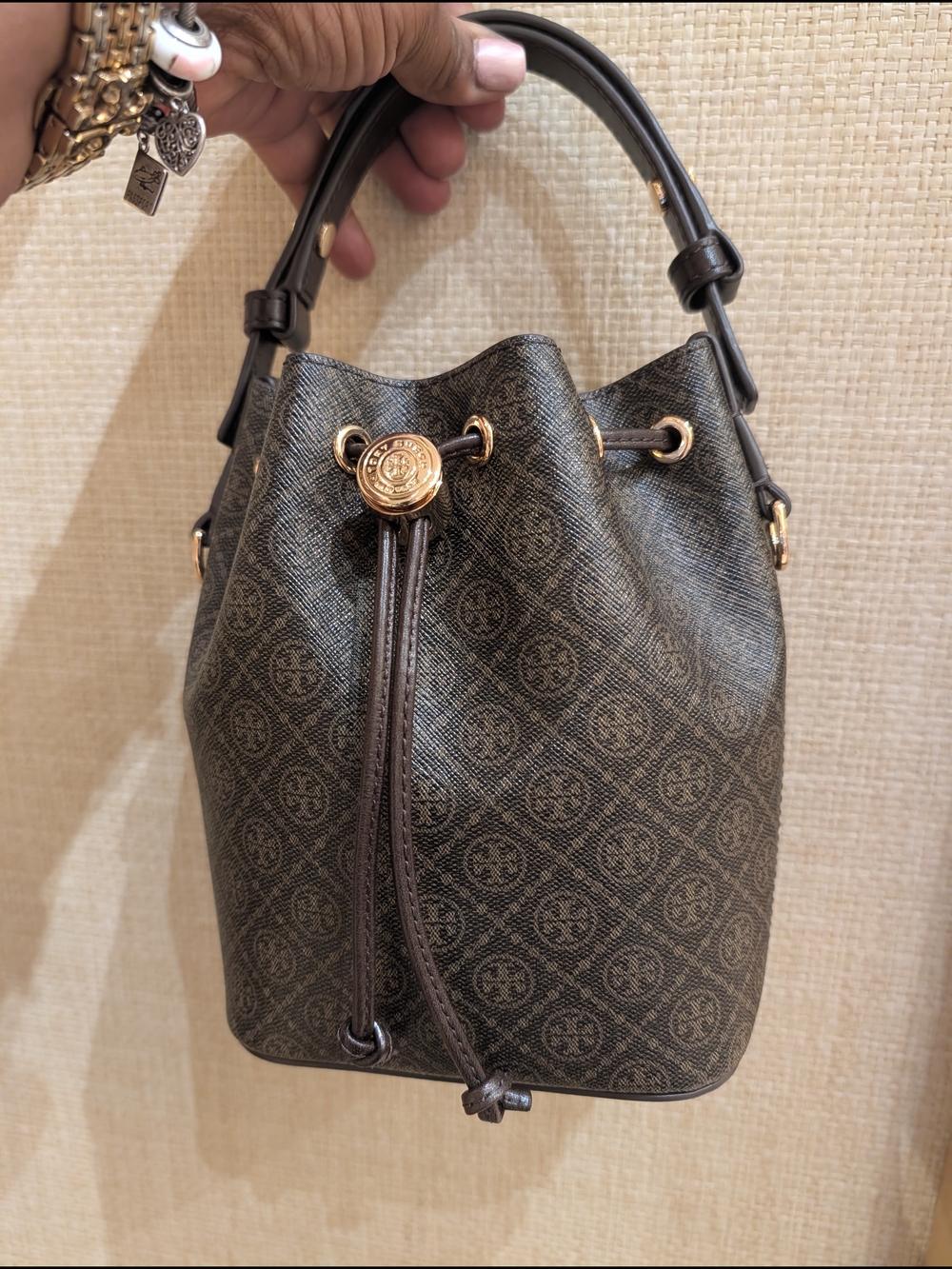 Tory Burch Women's Brown Logo Print Mini Bucket Bag with Gold Accent